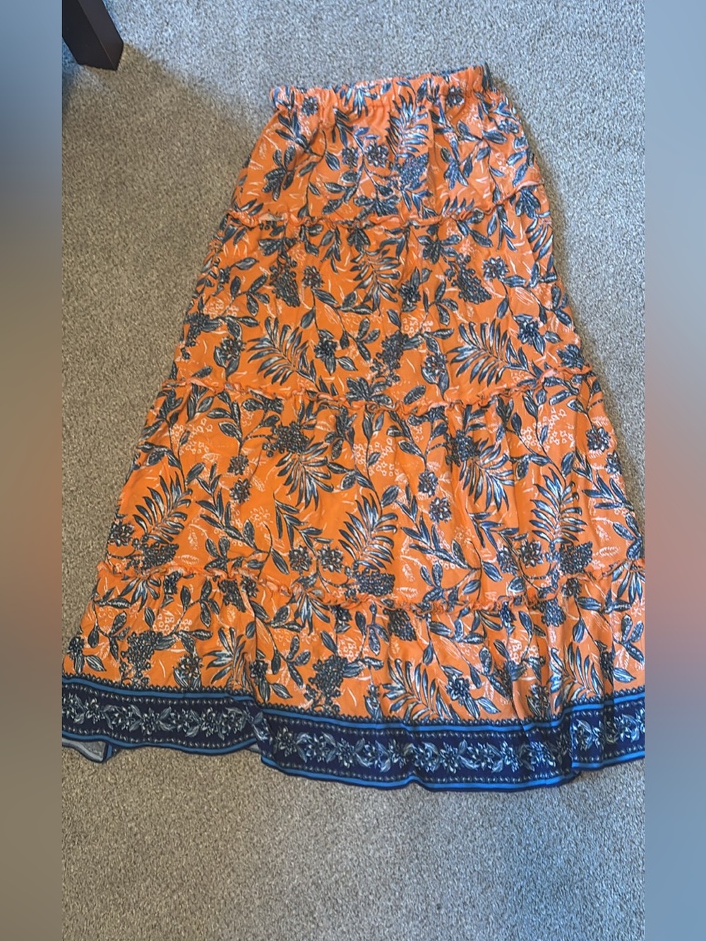 Women’s Orange Floral Maxi Skirt - Elastic Waist
